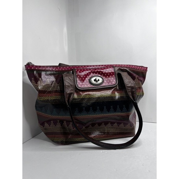Fossil Key-Per Vinyl Leather Multicolor Coated Shoulder Tote Bag Pockets READ - Picture 1 of 16